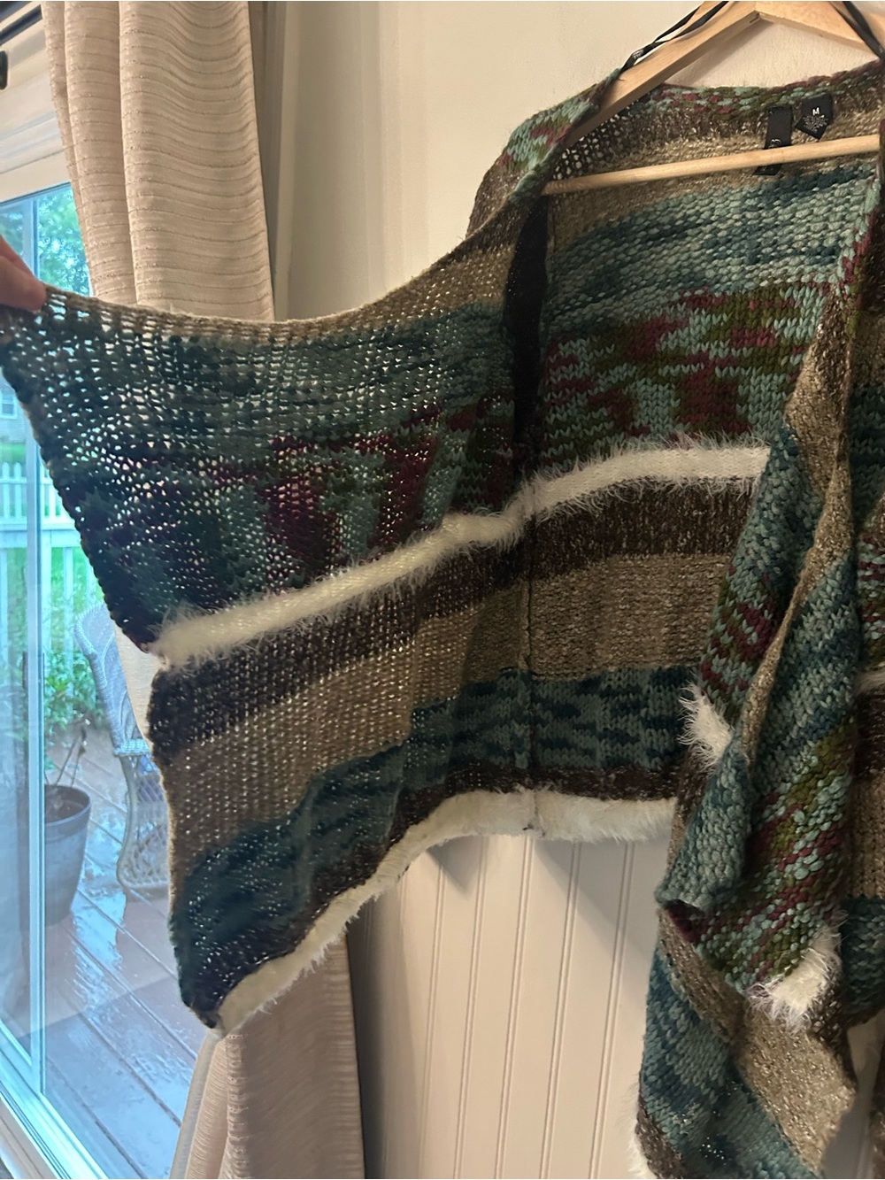 BKE Boutique Medium Brown Teal Waterfall Cardigan Fuzzy White Trim - Picture 4 of 6